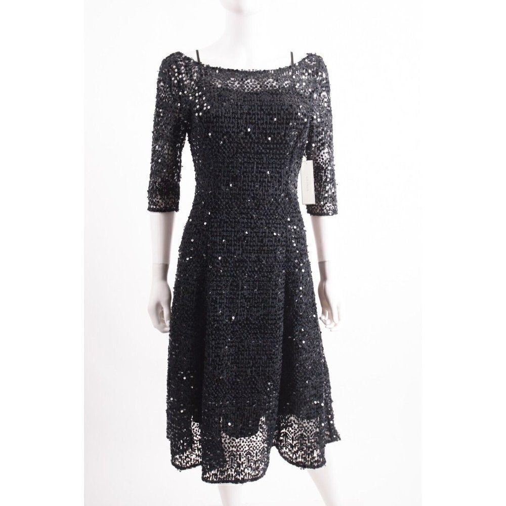 Kay Unger Womans Sequin Holiday Dress Size 4 Navy Blue Black Crochet Knit NWT